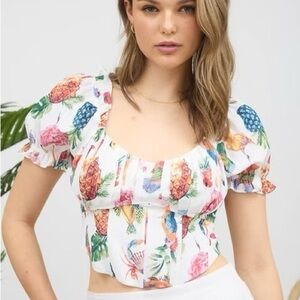 Mine Multicolor Pineapple Print Puff Sleeve Blouse new without tags